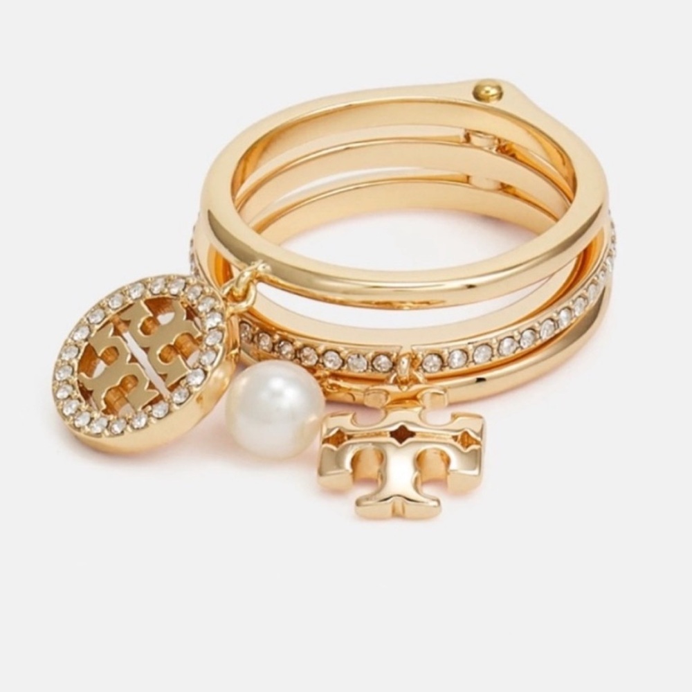 Tory Burch Miller Pave Charm Stack Ring Gold NWT $148